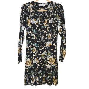 Walker & Wade Ibiza Dress Black Floral Ruffle Hem Long Sleeve Size Medium